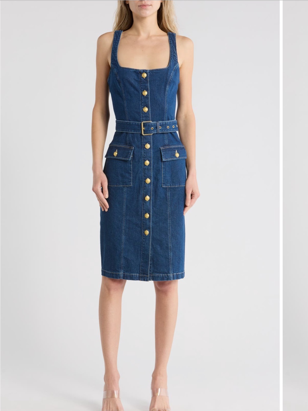 L'agence Blue Denim Midi Dress With Gold Buttons Nwt